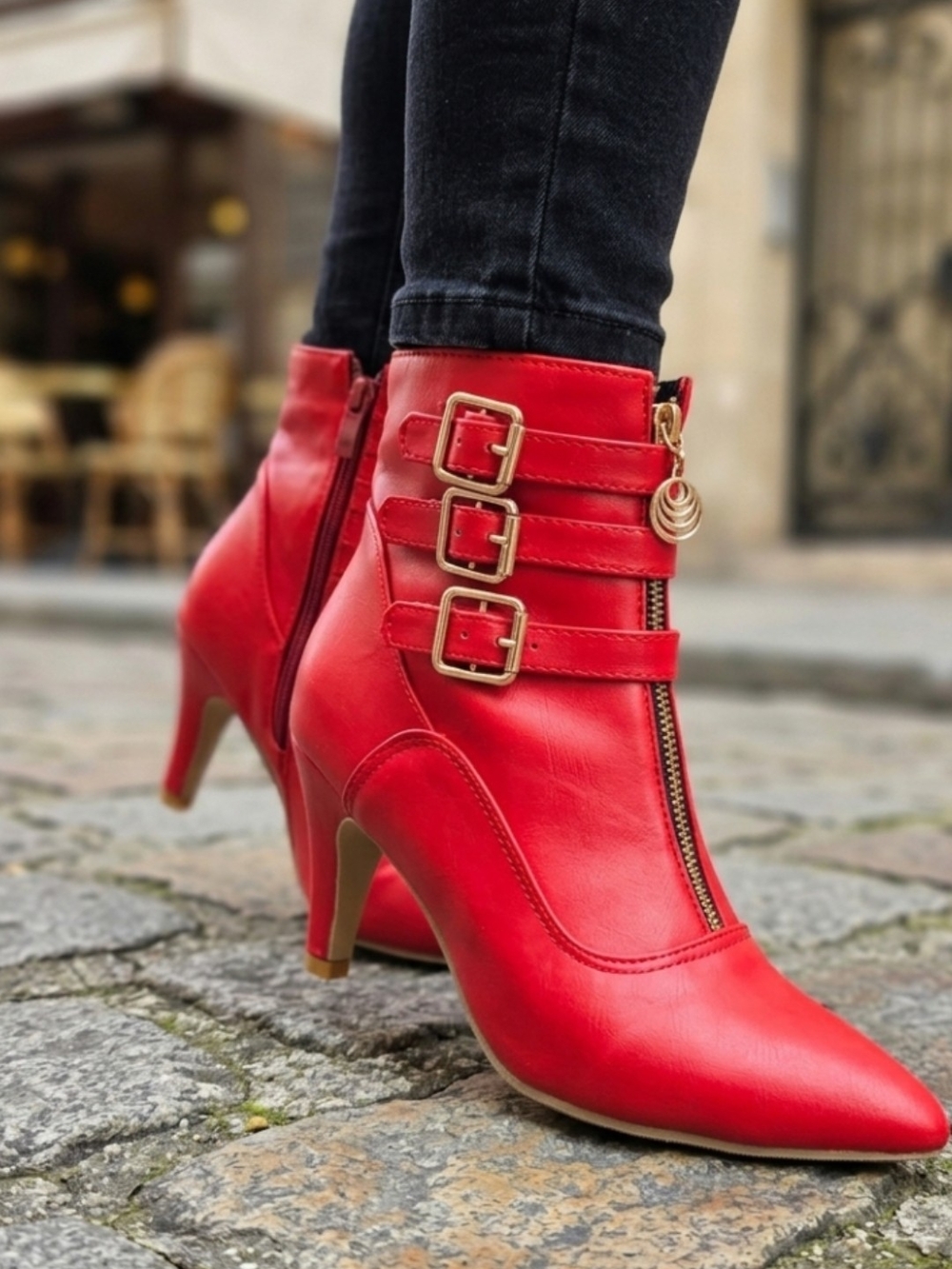 Red Pointed Toe Ankle Boots Side Zip Strappy Buckles Heels Size 9 / EU 40